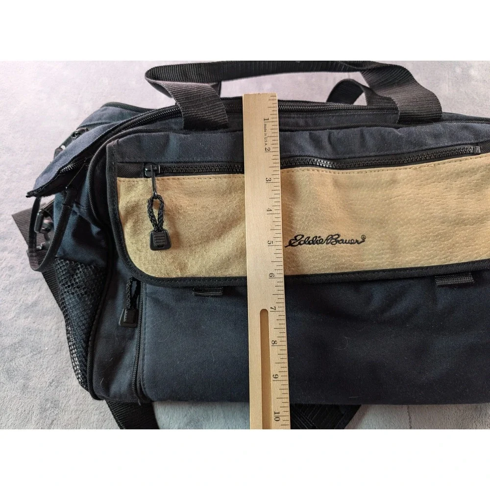 Eddie Bauer Navy Blue Canvas Diaper Bag Messenger Travel Tote Tan Trim Pockets